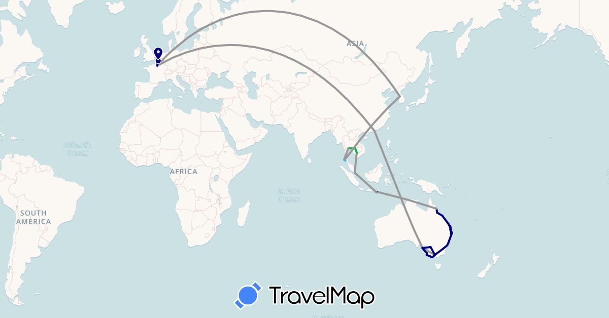 TravelMap itinerary: driving, bus, plane, train, boat in Australia, France, Hong Kong, Indonesia, Cambodia, South Korea, Singapore, Thailand (Asia, Europe, Oceania)